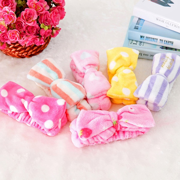 新款法兰绒蝴蝶结束发带波点条纹洗脸化妆美容束发带弹力防滑发带
